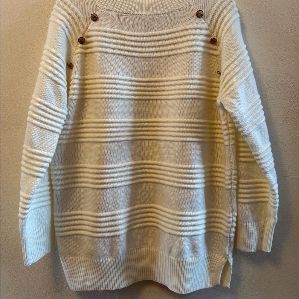 Ivory Textured Striped Knit Pullover Sweater - Button Shoulder Detail - Size XL